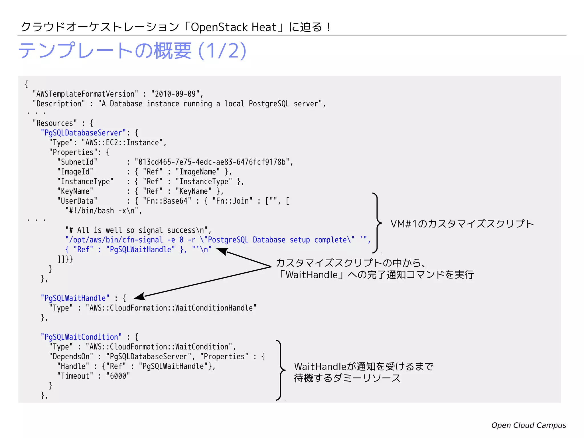 クラウドオーケストレーション「OpenStack Heat」に迫る！

テンプレートの概要 (1/2)
"WebServer": {
"Type": "AWS::EC2::Instance",
"DependsOn": "PgSQLWaitCondition",
WaitConditionが完了してから構築開始
"Properties": {
"SubnetId"
: "013cd465-7e75-4edc-ae83-6476fcf9178b",
VM#1のプライベートIPに置換される
"ImageId"
: { "Ref" : "ImageName" },
"InstanceType"
: { "Ref" : "InstanceType" },
"KeyName"
: { "Ref" : "KeyName" },
VM#2のカスタマイズスクリプト
"UserData"
: { "Fn::Base64" : { "Fn::Join" : ["", [
"#!/bin/bash -xn",
"export DB_IP=", { "Fn::GetAtt" : [ "PgSQLDatabaseServer", "PublicIp" ] }, "n",
・・・
"sed -i "s/ username:.*/ username: rails/" /root/rails/dengonban/config/database.ymln",
"sed -i "s/ password:.*/ password: pas4railsn host: $DB_IP/" /root/rails/dengonban/config/database.ymln",
・・・
]]}}
}
},

}

}

"WebServerIPAssoc" : {
"Type" : "AWS::EC2::EIPAssociation",
"Properties" : {
"InstanceId" : { "Ref" : "WebServer" },
"EIP" : "192.168.199.105"
}
}

Open Cloud Campus

 