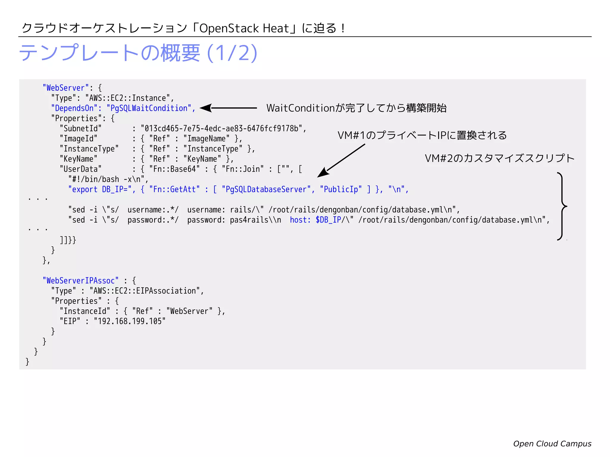 クラウドオーケストレーション「OpenStack Heat」に迫る！

Heatのアーキテクチャー（詳細版）
テンプレート
仮想マシンインスタンス起動

Cinder

REST APIを提供

Neutron

Nova
カスタマイズ
スクリプト

カスタマイズ
スクリプト

Heat API

Heat Engine

仮想マシン
インスタンス

仮想マシン
インスタンス

cfntools

cfntools

シグナル送信
Open Cloud Campus

 