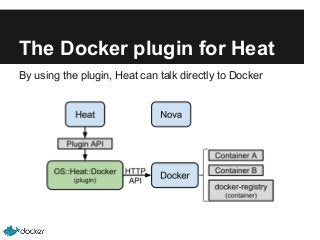 The Docker plugin for Heat
By using the plugin, Heat can talk directly to Docker

 