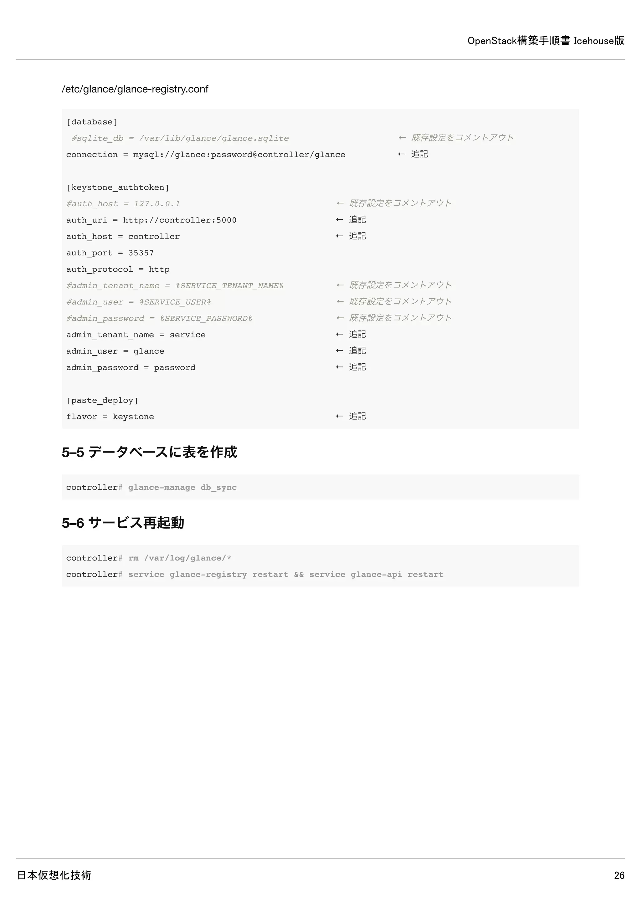 OpenStack構築手順書 Icehouse版
日本仮想化技術 26
5. Glanceのインストールと設定
5–1 パッケージのインストール
controller# apt-get install -y glance python-glanceclient sheepdog
sheepdogのインストールで次回ログイン時にメッセージが複数表示されるのを抑制するために設定ファイルを削除します。
controller# rm -f /etc/bash_completion.d/sheepdog
5–2 データベースの作成・確認
5–2–1 データベース作成
MySQLのデータベースにGlanceのデータベースを作成します。
controller# mysql -u root -p << EOF
CREATE DATABASE glance;
GRANT ALL PRIVILEGES ON glance.* TO 'glance'@'%' 
IDENTIFIED BY 'password';
EOF
Enter password: ← MySQLのrootパスワードpasswordを入力
 