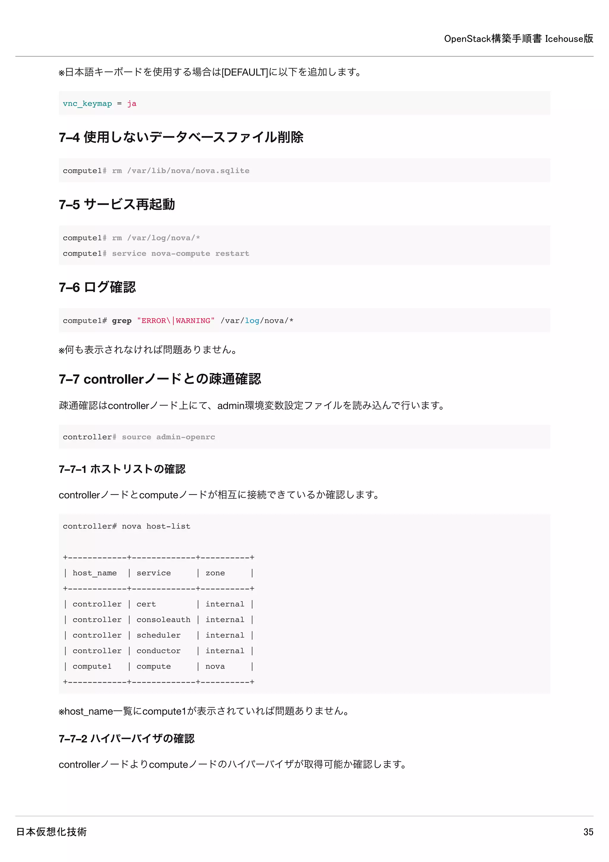 OpenStack構築手順書 Icehouse版
日本仮想化技術 35
controller# source admin-openrc
controller# keystone user-create --name=nova --pass=password --email=nova@example.com
+----------+----------------------------------+
| Property | Value |
+----------+----------------------------------+
| email | nova@example.com |
| enabled | True |
| id | 60d2a224d82449c2b087a0f0b4b9e0a3 |
| name | nova |
| username | nova |
+----------+----------------------------------+
controller# keystone user-role-add --user=nova --tenant=service --role=admin
controller# keystone service-create --name=nova --type=compute 
--description="OpenStack Compute"
+-------------+----------------------------------+
| Property | Value |
+-------------+----------------------------------+
| description | OpenStack Compute |
| enabled | True |
| id | 247c48a462b94870920631626d7f9d23 |
| name | nova |
| type | compute |
+-------------+----------------------------------+
controller# keystone endpoint-create 
--service=nova 
--publicurl=http://controller:8774/v2/%(tenant_id)s 
--internalurl=http://controller:8774/v2/%(tenant_id)s 
--adminurl=http://controller:8774/v2/%(tenant_id)s
+-------------+-----------------------------------------+
| Property | Value |
+-------------+-----------------------------------------+
| adminurl | http://controller:8774/v2/%(tenant_id)s |
| id | 6a25dd781e5043f7af621eae43a4448d |
| internalurl | http://controller:8774/v2/%(tenant_id)s |
| publicurl | http://controller:8774/v2/%(tenant_id)s |
| region | regionOne |
| service_id | 247c48a462b94870920631626d7f9d23 |
+-------------+-----------------------------------------+
6–4 設定変更
/etc/nova/nova.conf
 