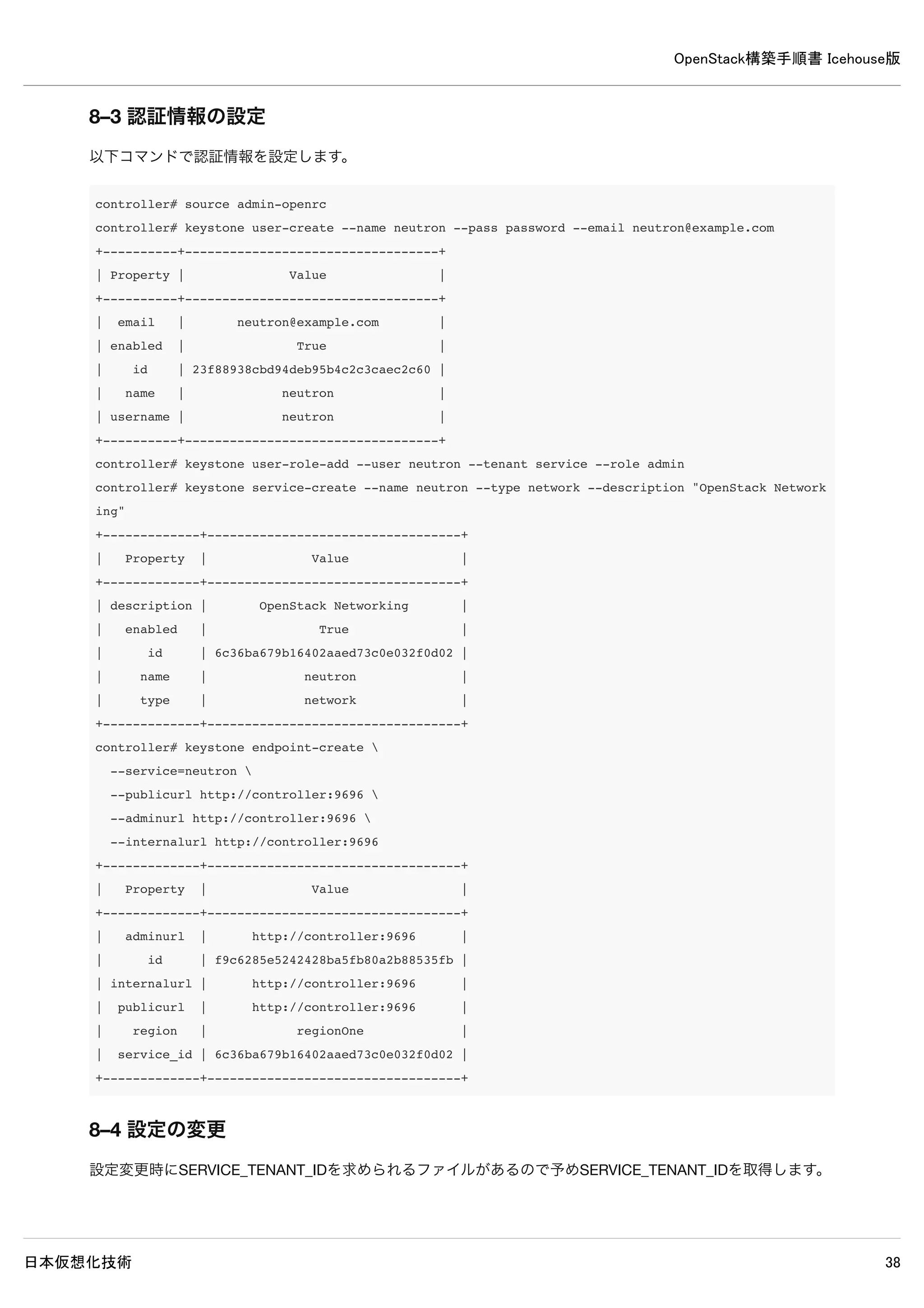 OpenStack構築手順書 Icehouse版
日本仮想化技術 38
7. Novaのインストール・設定（compute1ノード）
7–1 パッケージインストール
compute1# apt-get install -y nova-compute-kvm python-guestfs
7–2 カーネル設定変更
デフォルトのカーネルパーミッションでは、仮想化機能を使用する場合にユーザーがカーネルを読み込めないためカーネルの
パーミッションを変更します。
7–2–1 設定変更
compute1# dpkg-statoverride --update --add root root 0644 /boot/vmlinuz-$(uname -r)
7–2–2 設定変更ファイル作成・設定
上記のみではcomputeノード再起動時にカーネルのパーミッション変更が必要となるので、カーネル設定変更ファイル作成を
作成してノード起動時に変更を読み込むようにします。
/etc/kernel/postinst.d/statoverride
#!/bin/sh
version="$1"
# passing the kernel version is required
[ -z "${version}" ] && exit 0
dpkg-statoverride --update --add root root 0644 /boot/vmlinuz-${version}
実行権限を付与します。
compute1# chmod +x /etc/kernel/postinst.d/statoverride
7–3 設定の変更
/etc/nova/nova.conf
 