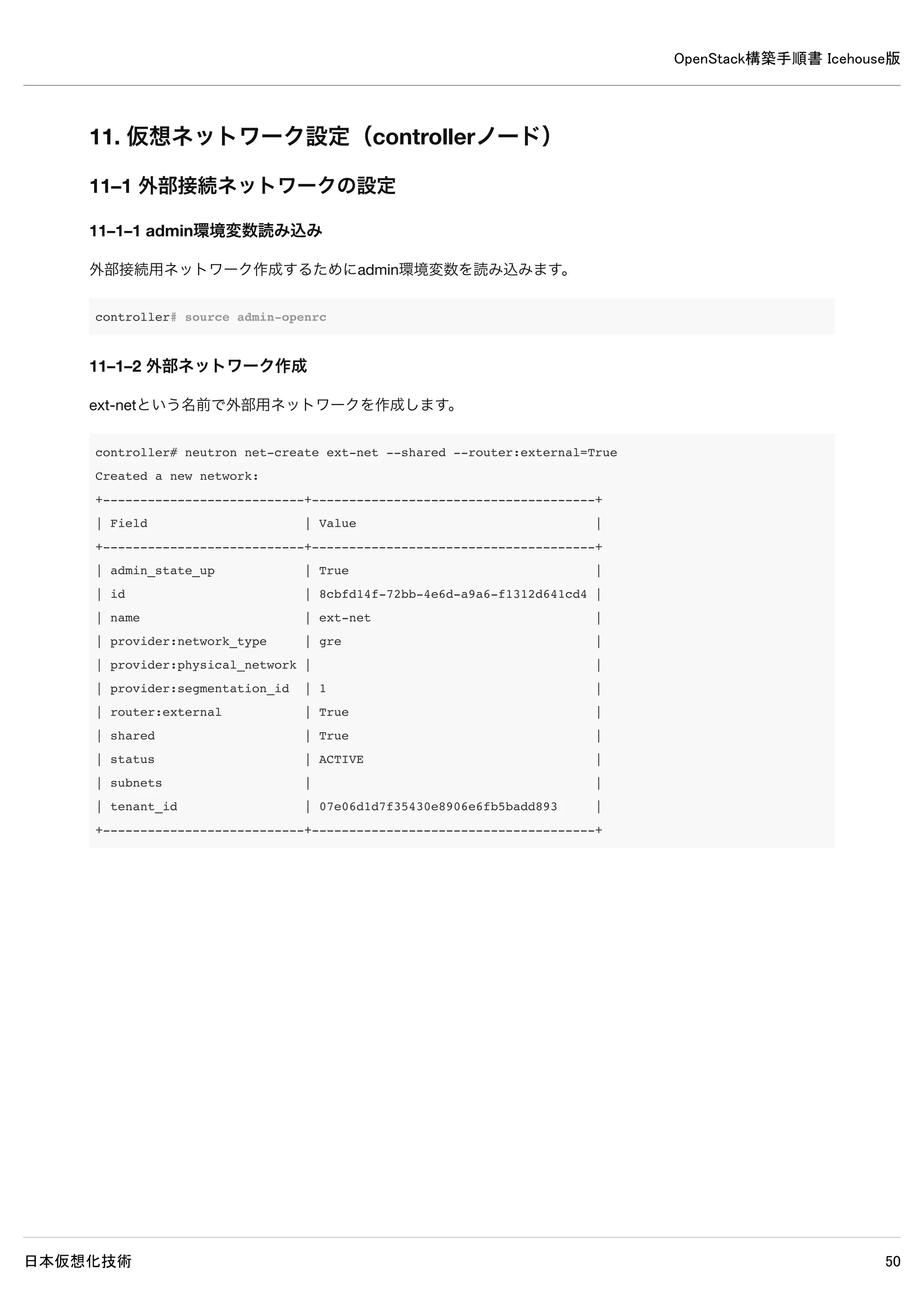 OpenStack構築手順書 Icehouse版
日本仮想化技術 50
[DEFAULT]
interface_driver = neutron.agent.linux.interface.OVSInterfaceDriver ← 追記
use_namespaces = True ← 追記
/etc/neutron/dhcp_agent.ini
[DEFAULT]
interface_driver = neutron.agent.linux.interface.OVSInterfaceDriver ← 追記
dhcp_driver = neutron.agent.linux.dhcp.Dnsmasq ← 追記
use_namespaces = True ← 追記
/etc/neutron/metadata_agent.ini
[DEFAULT]
#auth_url = http://localhost:5000/v2.0 ← 既存設定をコメントアウト
auth_url = http://controller:5000/v2.0 ← 追記
auth_region = RegionOne
#admin_tenant_name = %SERVICE_TENANT_NAME% ← 既存設定をコメントアウト
#admin_user = %SERVICE_USER% ← 既存設定をコメントアウト
#admin_password = %SERVICE_PASSWORD% ← 既存設定をコメントアウト
admin_tenant_name = service ← 追記
admin_user = neutron ← 追記
admin_password = password ← 追記
# nova_metadata_ip = 127.0.0.1 ← 既存設定をコメントアウト
nova_metadata_ip = controller ← 追記
# metadata_proxy_shared_secret =
metadata_proxy_shared_secret = password ← 追記
/etc/neutron/plugins/ml2/ml2_conf.ini
 