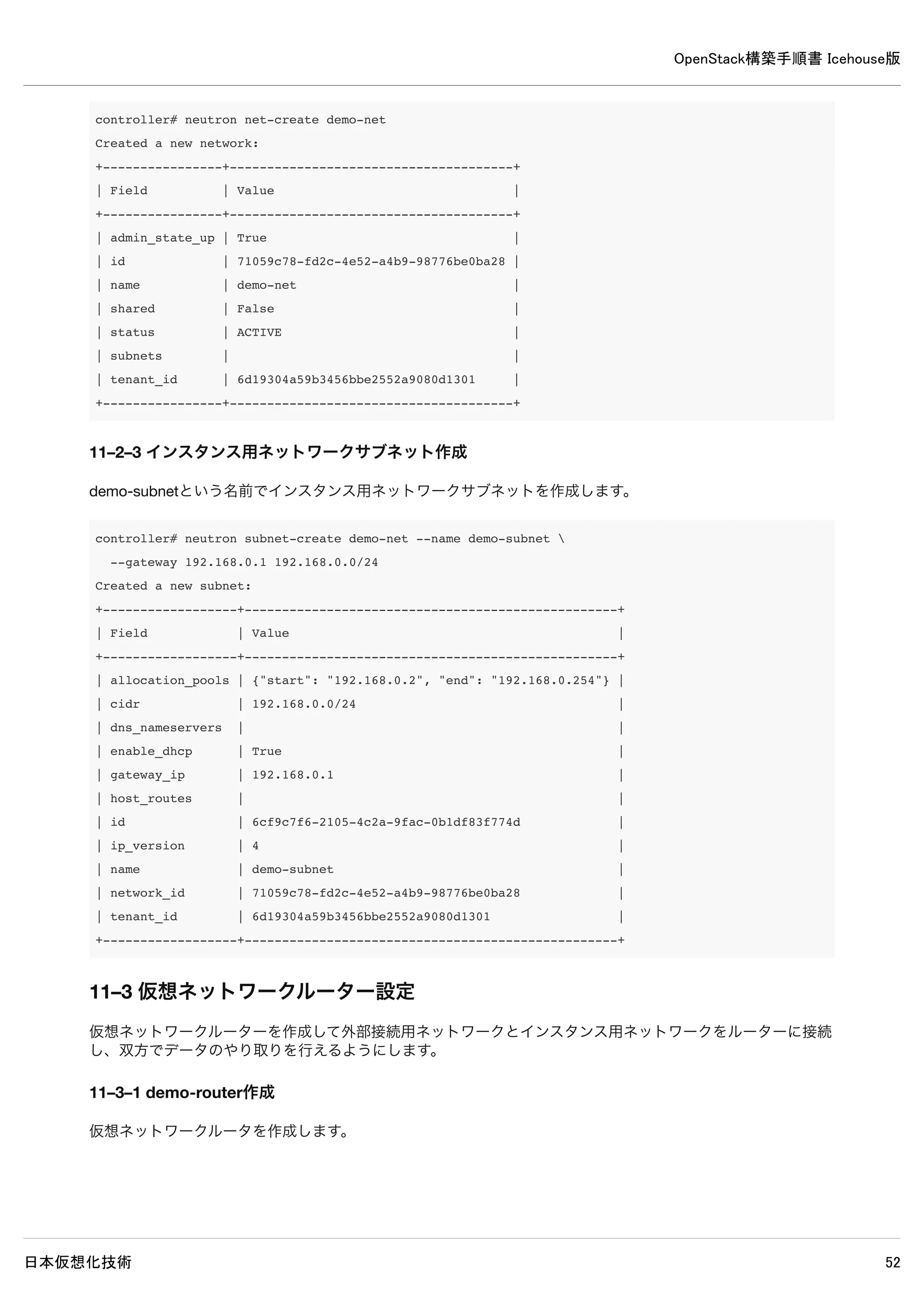 OpenStack構築手順書 Icehouse版
日本仮想化技術 52
# ovs-vsctl list-ports br-ex
eth1
qg-26005736-4d
※add-port で設定したネットワークデバイスが表示されていれば問題ありません。
 