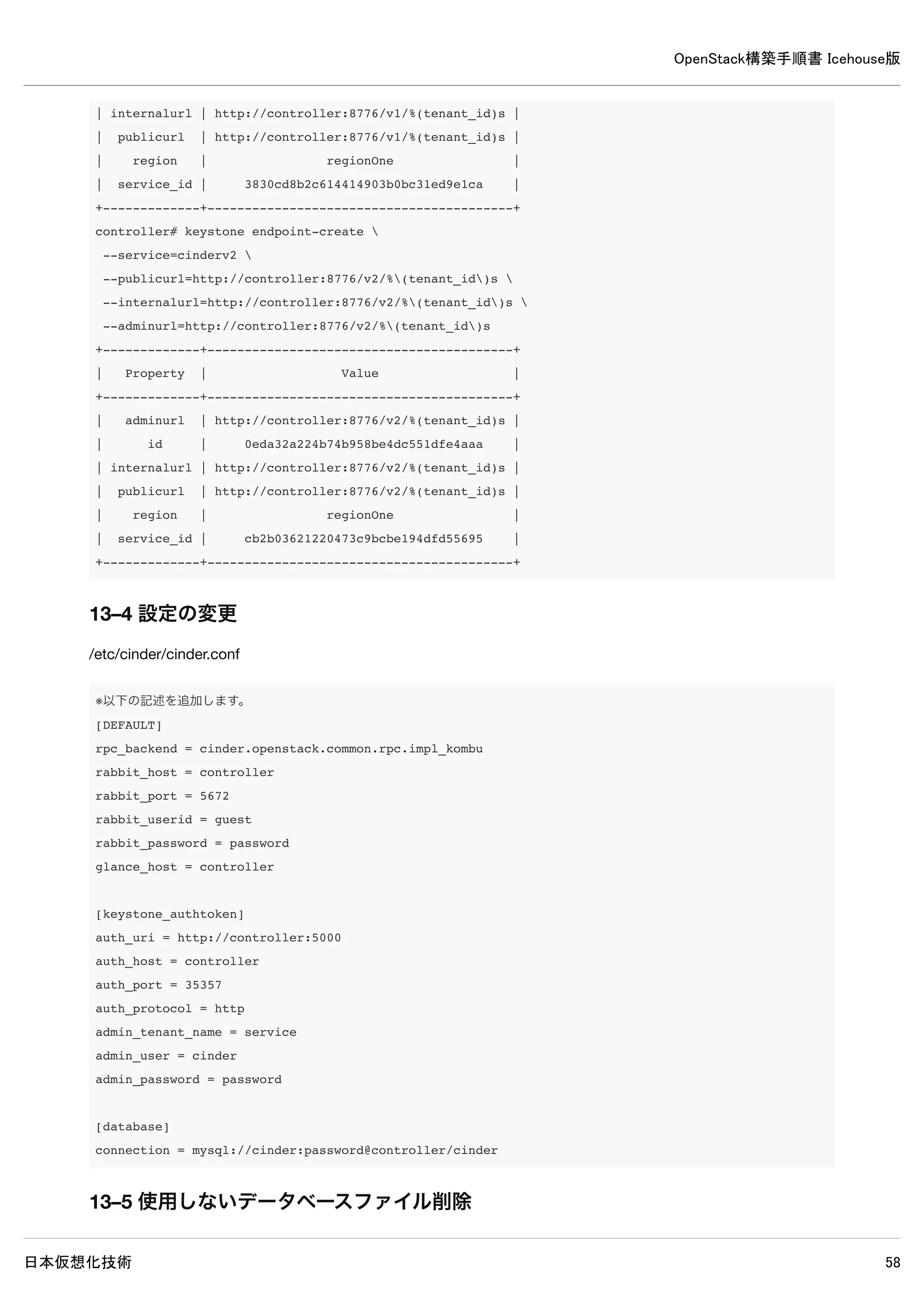 OpenStack構築手順書 Icehouse版
日本仮想化技術 58
11. 仮想ネットワーク設定（controllerノード）
11–1 外部接続ネットワークの設定
11–1–1 admin環境変数読み込み
外部接続用ネットワーク作成するためにadmin環境変数を読み込みます。
controller# source admin-openrc
11–1–2 外部ネットワーク作成
ext-netという名前で外部用ネットワークを作成します。
controller# neutron net-create ext-net --shared --router:external=True
Created a new network:
+---------------------------+--------------------------------------+
| Field | Value |
+---------------------------+--------------------------------------+
| admin_state_up | True |
| id | 8cbfd14f-72bb-4e6d-a9a6-f1312d641cd4 |
| name | ext-net |
| provider:network_type | gre |
| provider:physical_network | |
| provider:segmentation_id | 1 |
| router:external | True |
| shared | True |
| status | ACTIVE |
| subnets | |
| tenant_id | 07e06d1d7f35430e8906e6fb5badd893 |
+---------------------------+--------------------------------------+
 