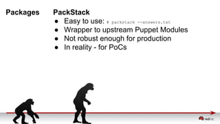 Packages PackStack
● Easy to use: # packstack --answers.txt
● Wrapper to upstream Puppet Modules
● Not robust enough for production
● In reality - for PoCs
 