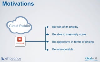 Motivations


              Be free of its destiny

              Be able to massively scale

              Be aggressive in terms of pricing

              Be interoperable
 