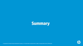 Summary



© Copyright 2012 Hewlett-Packard Development Company, L.P. The information contained herein is subject to change without notice. HP Restricted.
 