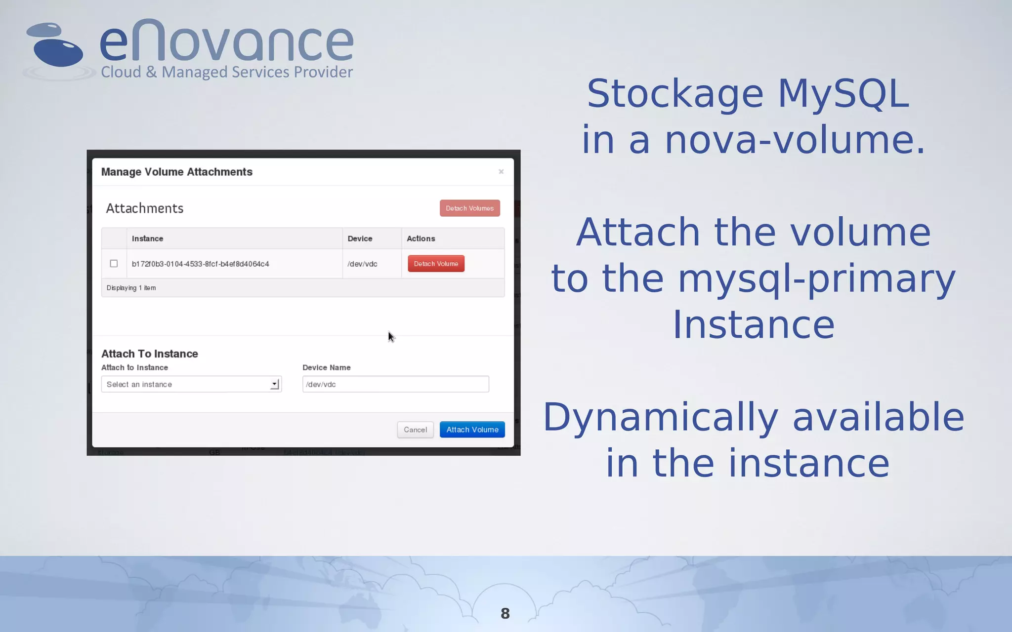 Stockage MySQL
in a nova-volume.
Attach the volume
to the mysql-primary
Instance
Dynamically available
in the instance
8
