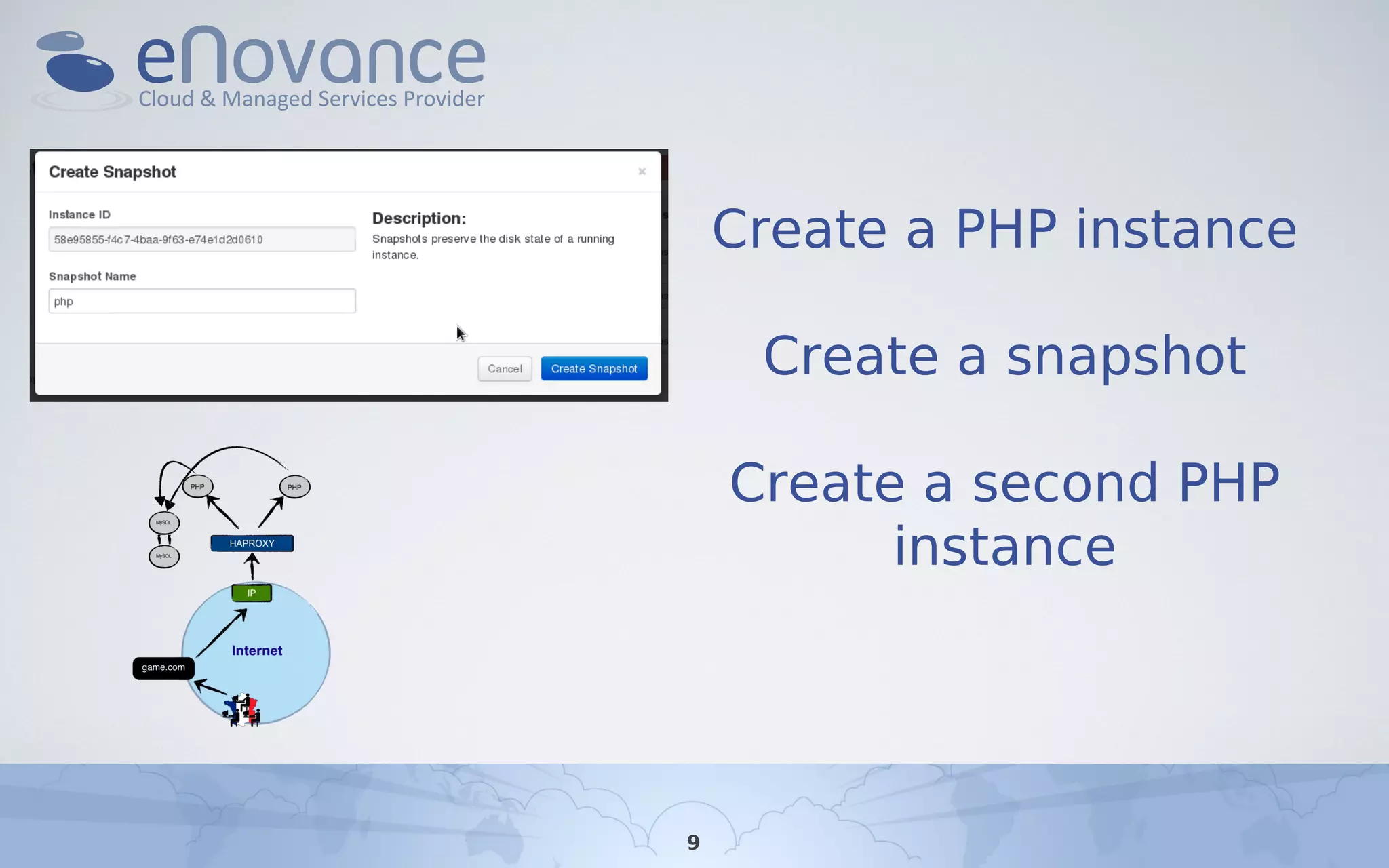 Create a PHP instance
Create a snapshot
Create a second PHP
instance
9