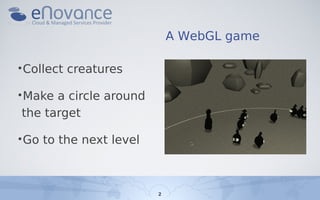 A WebGL game

•Collect   creatures

•Make a circle around
the target

•Go   to the next level



                         ...