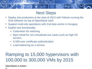 Next Steps
• Deploy into production at the start of 2013 with Folsom running the
  Grid software on top of OpenStack IaaS
• Support multi-site operations with 2nd data centre in Hungary
• Exploit new functionality
   – Ceilometer for metering
   – Bare metal for non-virtualised use cases such as high I/O
      servers
   – X.509 user certificate authentication
   – Load balancing as a service


Ramping to 15,000 hypervisors with
100,000 to 300,000 VMs by 2015
OpenStack in Action -
 