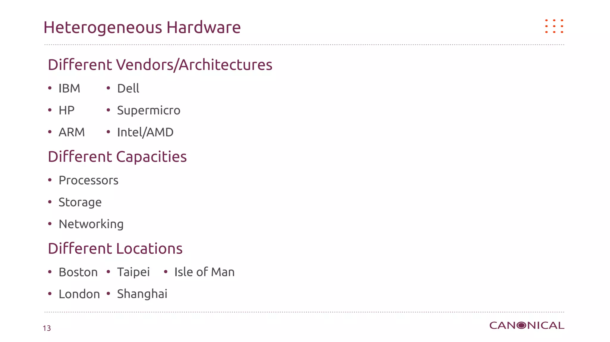 Heterogeneous Hardware

 Different Vendors/Architectures
 ●
     IBM       ●
                   Dell
 ●
     HP        ●
                   Supermicro
 ●
     ARM       ●
                   Intel/AMD

 Different Capacities
 ●
     Processors
 ●
     Storage
 ●
     Networking

 Different Locations
 ●
     Boston    ●
                   Taipei   ●
                                Isle of Man
 ●
     London    ●
                   Shanghai

13
 