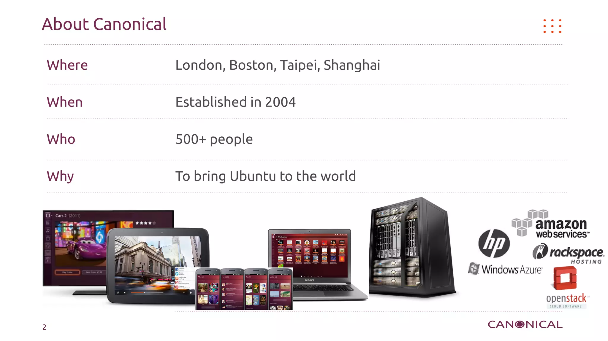 About Canonical

    Where         London, Boston, Taipei, Shanghai

    When          Established in 2004

    Who           500+ people

    Why           To bring Ubuntu to the world




2
 
