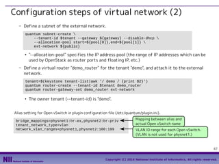 Configuration steps of virtual network (2)
- Define a subnet of the external network.
quantum subnet-create 
--tenant-id $tenant --gateway ${gateway} --disable-dhcp 
--allocation-pool start=${pool[0]},end=${pool[1]} 
ext-network ${public}
●

"--allocation-pool" specifies the IP address pool (the range of IP addresses which can be
used by OpenStack as router ports and floating IP, etc.)

- Define a virtual router "demo_router" for the tenant "demo", and attach it to the external
network.
tenant=$(keystone tenant-list|awk '/ demo / {print $2}')
quantum router-create --tenant-id $tenant demo_router
quantum router-gateway-set demo_router ext-network
●

The owner tenant (--tenant-id) is "demo".

Alias setting for Open vSwitch in plugin configuration file (/etc/quantum/plugin.ini).
bridge_mappings=physnet1:br-ex,physnet2:br-priv
tenant_network_type=vlan
network_vlan_ranges=physnet1,physnet2:100:199

Mapping between alias and
actual Open vSwitch name
VLAN ID range for each Open vSwitch.
(VLAN is not used for physnet1.)

67
Copyright (C) 2014 National Institute of Informatics, All rights reserved.

 