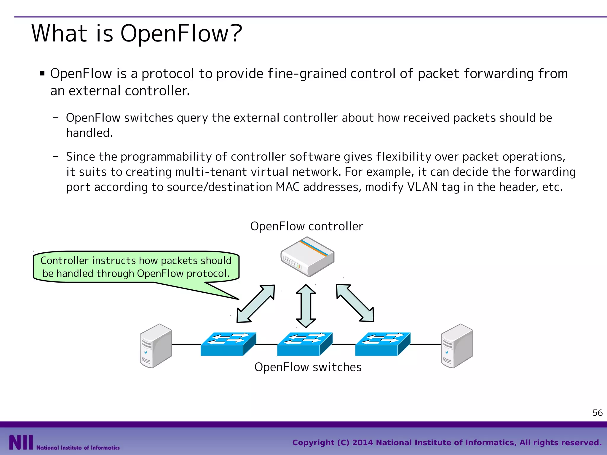 What is OpenFlow?
■

OpenFlow is a protocol to provide fine-grained control of packet forwarding from
an external controller.
- OpenFlow switches query the external controller about how received packets should be
handled.
- Since the programmability of controller software gives flexibility over packet operations,
it suits to creating multi-tenant virtual network. For example, it can decide the forwarding
port according to source/destination MAC addresses, modify VLAN tag in the header, etc.
OpenFlow controller

Controller instructs how packets should
be handled through OpenFlow protocol.

OpenFlow switches

56
Copyright (C) 2014 National Institute of Informatics, All rights reserved.

 