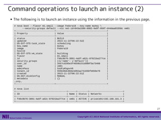Command operations to launch an instance (2)
■

The following is to launch an instance using the information in the previous page.
# nova boot --flavor m1.small --image Fedora19 --key-name mykey 
--security-groups default --nic net-id=843a1586-6082-4e9f-950f-d44daa83358c vm01
+-----------------------------+--------------------------------------+
| Property
| Value
|
+-----------------------------+--------------------------------------+
| status
| BUILD
|
| updated
| 2013-11-22T06:22:52Z
|
| OS-EXT-STS:task_state
| scheduling
|
| key_name
| mykey
|
| image
| Fedora19
|
| hostId
|
|
| OS-EXT-STS:vm_state
| building
|
| flavor
| m1.small
|
| id
| f40c9b76-3891-4a5f-a62c-87021ba277ce |
| security_groups
| [{u'name': u'default'}]
|
| user_id
| 2e57cd295e3f4659b151dd80f3a73468
|
| name
| vm01
|
| adminPass
| 5sUFyKhgovV6
|
| tenant_id
| 555b49dc8b6e4d92aa74103bfb656e70
|
| created
| 2013-11-22T06:22:51Z
|
| OS-DCF:diskConfig
| MANUAL
|
| metadata
| {}
|
...snip...
+-----------------------------+--------------------------------------+
# nova list
+--------------------------------------+------+--------+-------------------------+
| ID
| Name | Status | Networks
|
+--------------------------------------+------+--------+-------------------------+
| f40c9b76-3891-4a5f-a62c-87021ba277ce | vm01 | ACTIVE | private01=192.168.101.3 |
+--------------------------------------+------+--------+-------------------------+
27
Copyright (C) 2014 National Institute of Informatics, All rights reserved.

 