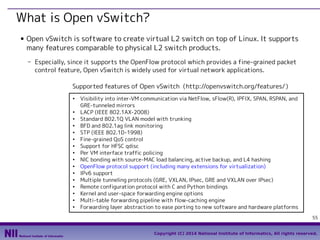 What is Open vSwitch?
■

Open vSwitch is software to create virtual L2 switch on top of Linux. It supports
many features comparable to physical L2 switch products.
- Especially, since it supports the OpenFlow protocol which provides a fine-grained packet
control feature, Open vSwitch is widely used for virtual network applications.
Supported features of Open vSwitch（http://openvswitch.org/features/）
●

●
●
●
●
●
●
●
●
●
●
●
●
●
●
●

Visibility into inter-VM communication via NetFlow, sFlow(R), IPFIX, SPAN, RSPAN, and
GRE-tunneled mirrors
LACP (IEEE 802.1AX-2008)
Standard 802.1Q VLAN model with trunking
BFD and 802.1ag link monitoring
STP (IEEE 802.1D-1998)
Fine-grained QoS control
Support for HFSC qdisc
Per VM interface traffic policing
NIC bonding with source-MAC load balancing, active backup, and L4 hashing
OpenFlow protocol support (including many extensions for virtualization)
IPv6 support
Multiple tunneling protocols (GRE, VXLAN, IPsec, GRE and VXLAN over IPsec)
Remote configuration protocol with C and Python bindings
Kernel and user-space forwarding engine options
Multi-table forwarding pipeline with flow-caching engine
Forwarding layer abstraction to ease porting to new software and hardware platforms
55
Copyright (C) 2014 National Institute of Informatics, All rights reserved.

 