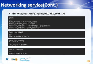 Networking service(Cont.)
102
# vim /etc/neutron/plugins/ml2/ml2_conf.ini
[ml2]
...
type_drivers = flat,vlan,vxlan
tenant_network_types = vxlan
mechanism_drivers = linuxbridge,l2population
extension_drivers = port_security
[ml2_type_flat]
...
flat_networks = public
[securitygroup]
...
enable_ipset = True
[ml2_type_vxlan]
...
vni_ranges = 1:1000
 