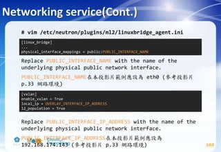 Networking service(Cont.)
103
# vim /etc/neutron/plugins/ml2/linuxbridge_agent.ini
Replace PUBLIC_INTERFACE_NAME with the name of the
underlying physical public network interface.
PUBLIC_INTERFACE_NAME在本投影片範例應設為 eth0 (參考投影片
p.33 網路環境)
Replace PUBLIC_INTERFACE_IP_ADDRESS with the name of the
underlying physical public network interface.
PUBLIC_INTERFACE_IP_ADDRESS在本投影片範例應設為
192.168.174.143 (參考投影片 p.33 網路環境)
[linux_bridge]
...
physical_interface_mappings = public:PUBLIC_INTERFACE_NAME
[vxlan]
enable_vxlan = True
local_ip = OVERLAY_INTERFACE_IP_ADDRESS
l2_population = True
 
