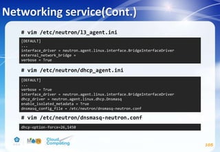 Networking service(Cont.)
105
# vim /etc/neutron/l3_agent.ini
# vim /etc/neutron/dhcp_agent.ini
# vim /etc/neutron/dnsmasq-neutron.conf
[DEFAULT]
...
verbose = True
interface_driver = neutron.agent.linux.interface.BridgeInterfaceDriver
dhcp_driver = neutron.agent.linux.dhcp.Dnsmasq
enable_isolated_metadata = True
dnsmasq_config_file = /etc/neutron/dnsmasq-neutron.conf
[DEFAULT]
...
interface_driver = neutron.agent.linux.interface.BridgeInterfaceDriver
external_network_bridge =
verbose = True
dhcp-option-force=26,1450
 