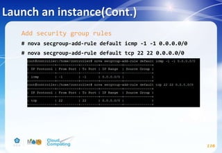Launch an instance(Cont.)
116
Add security group rules
# nova secgroup-add-rule default icmp -1 -1 0.0.0.0/0
# nova secgroup-add-rule default tcp 22 22 0.0.0.0/0
 