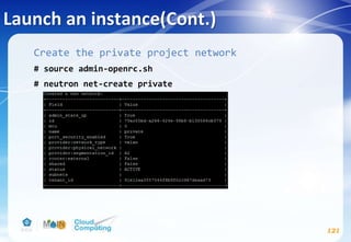 Launch an instance(Cont.)
121
Create the private project network
# source admin-openrc.sh
# neutron net-create private
 