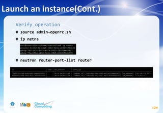 Launch an instance(Cont.)
124
Verify operation
# source admin-openrc.sh
# ip netns
# neutron router-port-list router
 
