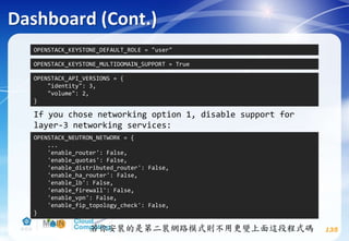 Dashboard (Cont.)
135
OPENSTACK_KEYSTONE_DEFAULT_ROLE = "user"
OPENSTACK_KEYSTONE_MULTIDOMAIN_SUPPORT = True
OPENSTACK_API_VERSIONS = {
"identity": 3,
"volume": 2,
}
OPENSTACK_NEUTRON_NETWORK = {
...
'enable_router': False,
'enable_quotas': False,
'enable_distributed_router': False,
'enable_ha_router': False,
'enable_lb': False,
'enable_firewall': False,
'enable_vpn': False,
'enable_fip_topology_check': False,
}
If you chose networking option 1, disable support for
layer-3 networking services:
若你安裝的是第二裝網路模式則不用更變上面這段程式碼
 