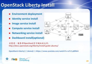 OpenStack Liberty Install
 Environment deployment
 Identity service install
 Image service install
 Compute service install
 Networking service install
 Dashboard install(optional)
28
安裝時，請參考OpenStack官方網站的文件:
http://docs.openstack.org/liberty/install-guide-ubuntu/
OpenStack Liberty官方demo影片:https://www.youtube.com/watch?v=e7r2-p8Mki4
 