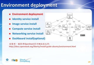 Environment deployment
 Environment deployment
 Identity service install
 Image service install
 Compute service install
 Networking service install
 Dashboard install(optional)
29
安裝時，請參考OpenStack官方網站的文件:
http://docs.openstack.org/liberty/install-guide-ubuntu/environment.html
 