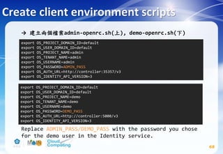 → 建立兩個檔案admin-openrc.sh(上), demo-openrc.sh(下)
Replace ADMIN_PASS/DEMO_PASS with the password you chose
for the demo user in the Identity service.
Create client environment scripts
68
export OS_PROJECT_DOMAIN_ID=default
export OS_USER_DOMAIN_ID=default
export OS_PROJECT_NAME=admin
export OS_TENANT_NAME=admin
export OS_USERNAME=admin
export OS_PASSWORD=ADMIN_PASS
export OS_AUTH_URL=http://controller:35357/v3
export OS_IDENTITY_API_VERSION=3
export OS_PROJECT_DOMAIN_ID=default
export OS_USER_DOMAIN_ID=default
export OS_PROJECT_NAME=demo
export OS_TENANT_NAME=demo
export OS_USERNAME=demo
export OS_PASSWORD=DEMO_PASS
export OS_AUTH_URL=http://controller:5000/v3
export OS_IDENTITY_API_VERSION=3
 