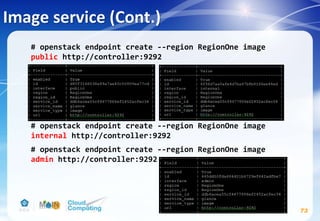 Image service (Cont.)
# openstack endpoint create --region RegionOne image
public http://controller:9292
# openstack endpoint create --region RegionOne image
internal http://controller:9292
# openstack endpoint create --region RegionOne image
admin http://controller:9292
73
 