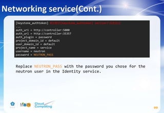 Networking service(Cont.)
99
Replace NEUTRON_PASS with the password you chose for the
neutron user in the Identity service.
[keystone_authtoken] #註解掉[keystone_authtoken] section中其他設定
...
auth_uri = http://controller:5000
auth_url = http://controller:35357
auth_plugin = password
project_domain_id = default
user_domain_id = default
project_name = service
username = neutron
password = NEUTRON_PASS
 