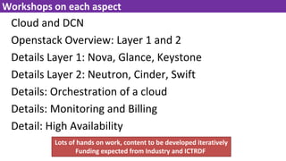 Cloud and DCN
Openstack Overview: Layer 1 and 2
Details Layer 1: Nova, Glance, Keystone
Details Layer 2: Neutron, Cinder, Swift
Details: Orchestration of a cloud
Details: Monitoring and Billing
Detail: High Availability
Workshops on each aspect
Lots of hands on work, content to be developed iteratively
Funding expected from Industry and ICTRDF
 