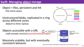 Object = files, persistent and HA
Flat name-space
Unstructured blobs, replicated in a ring
across different zones
Default to three replicas
Objects accessible with a URL
swift.example.com/v1/account/container/object
Massively scalable, but with eventually
consistent behavior
43
Swift: Managing object storage
https://julien.danjou.info/blog/2012/openstack-swift-consistency-analysis
 