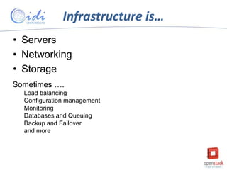 Infrastructure is…
• Servers
• Networking
• Storage
Sometimes ….
Load balancing
Configuration management
Monitoring
Databases and Queuing
Backup and Failover
and more

 