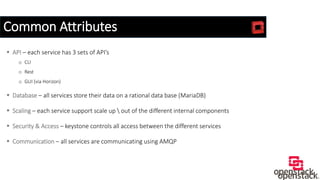Common Attributes
 API – each service has 3 sets of API’s
o CLI
o Rest
o GUI (via Horizon)
 Database – all services store their data on a rational data base (MariaDB)
 Scaling – each service support scale up  out of the different internal components
 Security & Access – keystone controls all access between the different services
 Communication – all services are communicating using AMQP
 