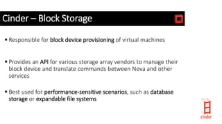Cinder – Block Storage
 Responsible for block device provisioning of virtual machines
 Provides an API for various storage array vendors to manage their
block device and translate commands between Nova and other
services
 Best used for performance-sensitive scenarios, such as database
storage or expandable file systems
 