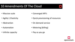 10 Amendments Of The Cloud
• Massive scale
• Agility  Elasticity
• Abstraction
• Automation
• Infinite capacity
• Converged API’s
• Quick provisioning of resources
• On demand service
• Metering (billing)
• Pay as you go
 