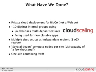 What Have We Done?



        • Private cloud deployment for BigCo (not a Web co)
        • ~10 distinct internal groups using
          • So exercises multi-tenant features
          • Being used for new cloud-y apps
        • Multiple sites set up as independent regions (1 AZ/
            region)
        • “Several dozen” compute nodes per site (VM capacity of
            “a few thousand”)




July 26th, 2012
LA #openstack meetup                 6
 