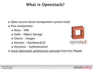Stuff I will say today



        • Context setting
        • What do you do before you build your Openstack cloud
        • What do you do while you’re building your Openstack
            cloud
        • What do you do after you build your Openstack cloud




July 26th, 2012
LA #openstack meetup                3
 