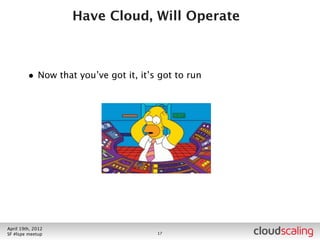You Bought It, You Break It



        •   Conﬁguration Management
        •   Capacity Management
        •   User Management
        •   Remote Access
        •   High Availability
        •   Upgrading
        •   Troubleshooting
        •   Monitoring
        •   Auditing
        •   Yes, you need to do these, and no, Openstack doesn’t do them



July 26th, 2012
LA #openstack meetup                    18
 