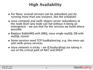 Patches/Upgrades



        •   just run apt-get upgrade
        •   JUST KIDDING




July 26th, 2012
LA #openstack meetup                   21
 