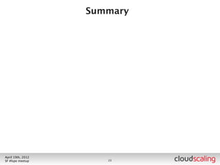 Who Ops your Ops?



        • You probably have an existing IT Ops org and processes
            that will interface with your cloud - if not run it directly
        • Cloud is a different paradigm, requiring different Ops
            perspectives and potentially skillsets
        • Recommendation
          • Build a dedicated Cloud Ops team
          • Build bridges from that team to existing teams from
                 day one




July 26th, 2012
LA #openstack meetup                     22
 