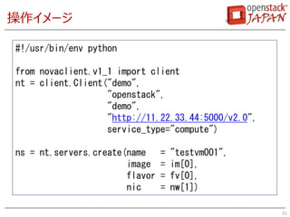操作イメージ
21
#!/usr/bin/env python
from novaclient.v1_1 import client
nt = client.Client("demo",
"openstack",
"demo",
"http:/...