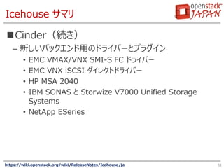 Icehouse サマリ
Cinder（続き）
– 新しいバックエンド用のドライバーとプラグイン
• EMC VMAX/VNX SMI-S FC ドライバー
• EMC VNX iSCSI ダイレクトドライバー
• HP MSA 2040
•...