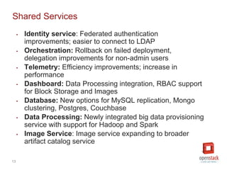 Shared Services 
13 
• Identity service: Federated authentication 
improvements; easier to connect to LDAP 
• Orchestration: Rollback on failed deployment, 
delegation improvements for non-admin users 
• Telemetry: Efficiency improvements; increase in 
performance 
• Dashboard: Data Processing integration, RBAC support 
for Block Storage and Images 
• Database: New options for MySQL replication, Mongo 
clustering, Postgres, Couchbase 
• Data Processing: Newly integrated big data provisioning 
service with support for Hadoop and Spark 
• Image Service: Image service expanding to broader 
artifact catalog service 
 