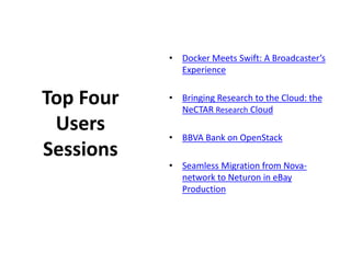 Top Four 
Users 
Sessions 
• Docker Meets Swift: A Broadcaster’s 
Experience 
• Bringing Research to the Cloud: the 
NeCTAR Research Cloud 
• BBVA Bank on OpenStack 
• Seamless Migration from Nova-network 
to Neturon in eBay 
Production 
 