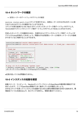 OpenStack構築手順書 Liberty版
日本仮想化技術 79
10–4 ネットワークの確認
仮想ルーターのゲートウェイIPアドレスの確認
neutron router-port-listコマンドを実行すると、仮想ルーターのそれぞれのポー...
